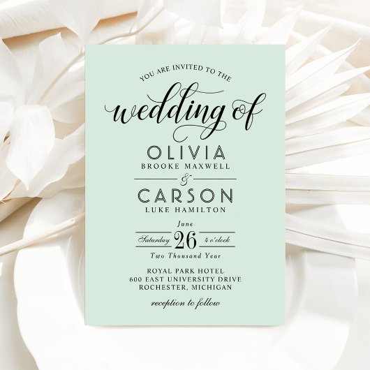 Modern Mint en Black Script Wedding Kaart