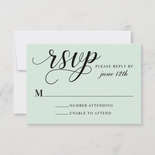 Modern Mint en Black Script Wedding RSVP Kaartje (Voorkant)