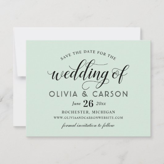 Modern Mint en Black Script Wedding Save The Date (Voorkant)