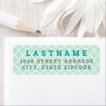 Modern Mint en Blauwgroen Quatrefoil Return-adres Etiket<br><div class="desc">Stijlvolle en moderne etiketten van retouradressen zijn voorzien van een groene Marokkaanse quatrefotolie-patterned background met pauw blauw en grijze tekst. De achtergrond en de tekstkleuren kunnen worden aangepast.</div>