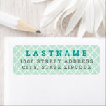 Modern Mint en Blauwgroen Quatrefoil Return-adres Etiket<br><div class="desc">Stijlvolle en moderne etiketten van retouradressen zijn voorzien van een groene Marokkaanse quatrefotolie-patterned background met pauw blauw en grijze tekst. De achtergrond en de tekstkleuren kunnen worden aangepast.</div>