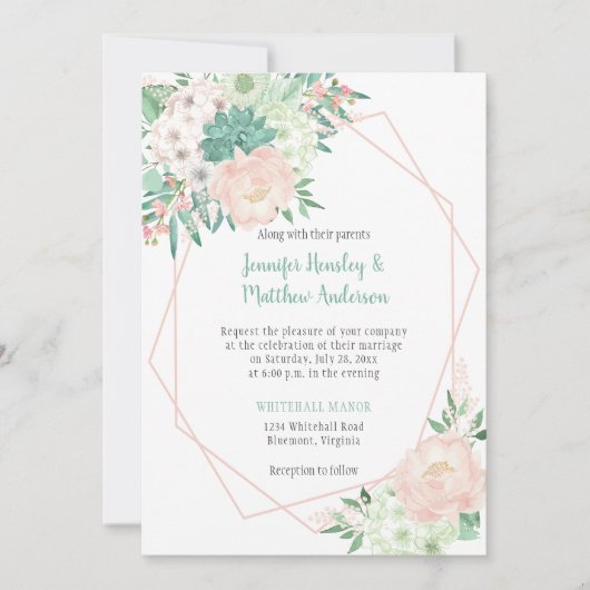 Modern Mint en Blush Waterverf Flowers Wedding | Kaart (Voorkant)