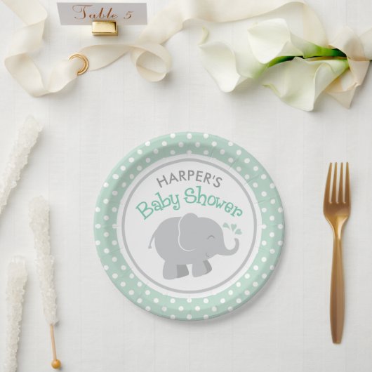 Modern Mint en Gray Elephant Baby shower Papieren Bordje (Huwelijk)