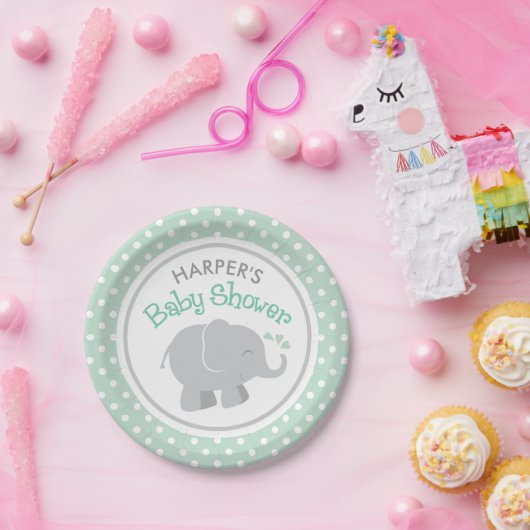 Modern Mint en Gray Elephant Baby shower Papieren Bordje (Feest)