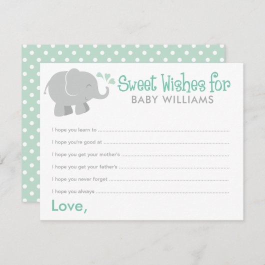 Modern Mint en Grijze Elephant Baby shower Wishes (Voorkant / Achterkant)