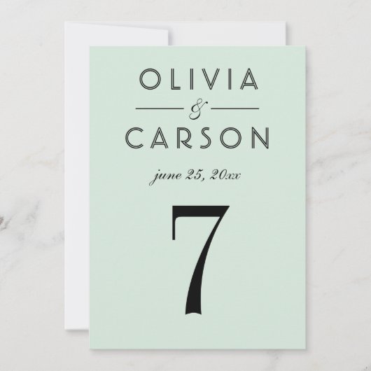 Modern Mint en Zwart Script Trouwtafel Nummer Kaart (Voorkant)