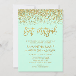Modern Mint Faux Gold Glitter Bat Mitzvah Kaart