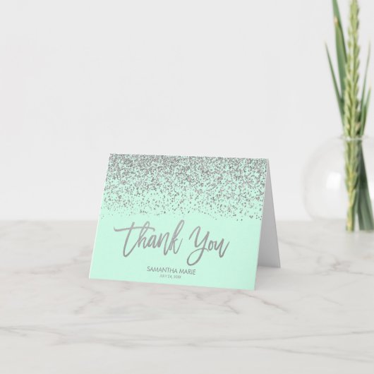 Modern Mint Faux Silver Glitter Thank You Bedankkaart (Voorkant)