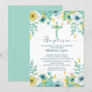 Modern Mint Floral Baptism Christening Uitnodiging
