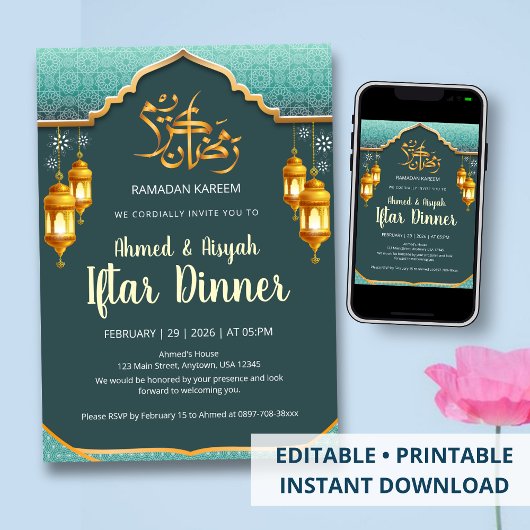 Modern Mint Green and Gold Festive Ramadan Iftar Kaart