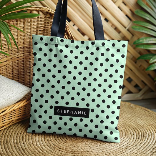Modern Mint Green Black Polka Dot gepersonaliseerd Tote Bag