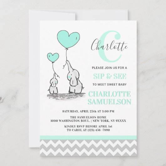 Modern Mint Green Elephant SIP & SEE Baby Girl Kaart (Voorkant)