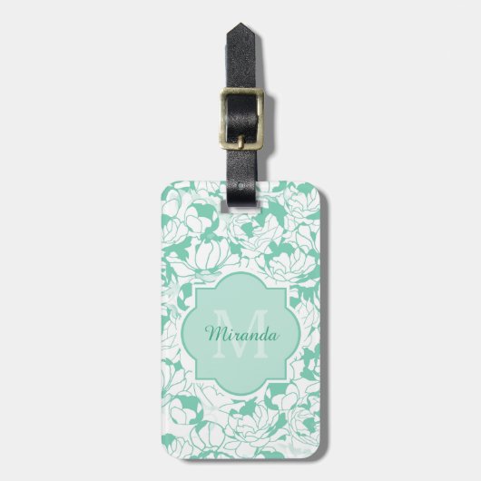 Modern Mint Green Floral Girly Monogram met naam Bagagelabel (Voorkant verticaal)