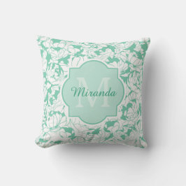 Modern Mint Green Floral Girly Monogram met naam Kussen