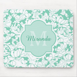 Modern Mint Green Floral Girly Monogram met naam Muismat