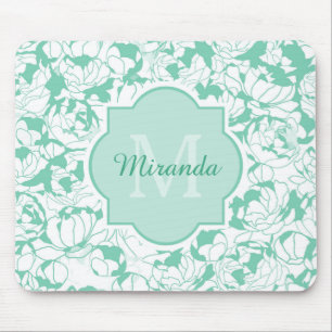 Modern Mint Green Floral Girly Monogram met naam Muismat