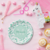 Modern Mint Green Floral Girly Monogram met naam Papieren Bordje (Feest)