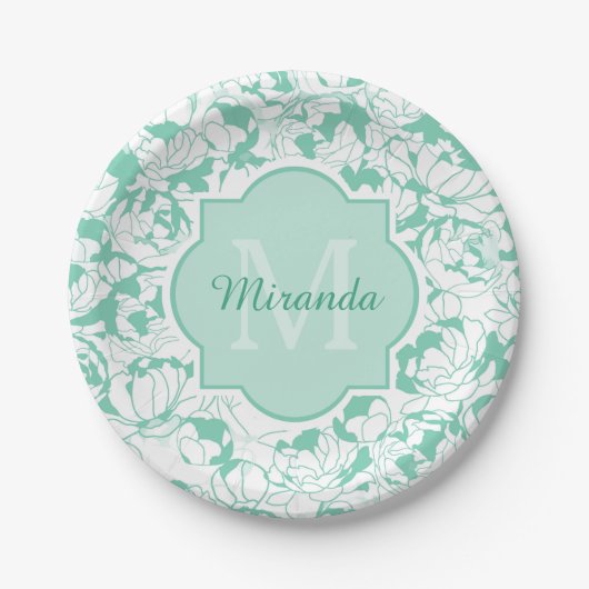 Modern Mint Green Floral Girly Monogram met naam Papieren Bordje (Voorkant)