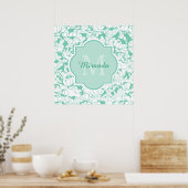 Modern Mint Green Floral Girly Monogram met naam Poster (Keuken)