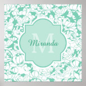 Modern Mint Green Floral Girly Monogram met naam Poster (Voorkant)