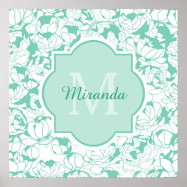 Modern Mint Green Floral Girly Monogram met naam Poster