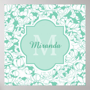 Modern Mint Green Floral Girly Monogram met naam Poster