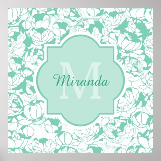 Modern Mint Green Floral Girly Monogram met naam Poster (Voorkant)