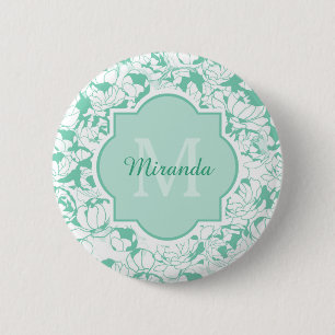 Modern Mint Green Floral Girly Monogram met naam Ronde Button 5,7 Cm