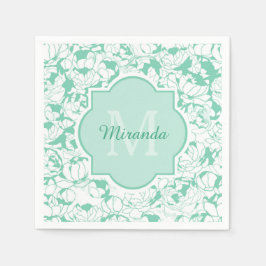 Modern Mint Green Floral Girly Monogram met naam Servet