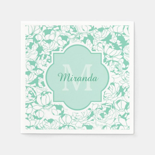 Modern Mint Green Floral Girly Monogram met naam Servet (Voorkant)