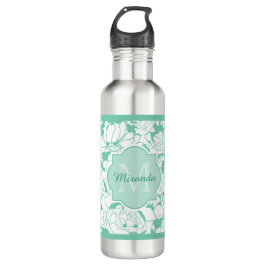 Modern Mint Green Floral Girly Monogram met naam Waterfles