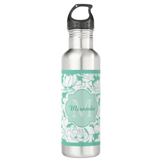 Modern Mint Green Floral Girly Monogram met naam Waterfles (Voorkant)