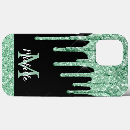 Modern Mint Green Glitter Drift Monogram Case-Mate iPhone Case (Achterkant (horizontaal))