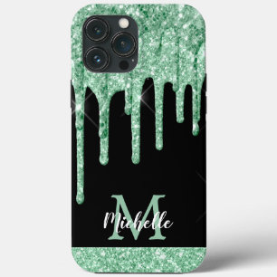 Modern Mint Green Glitter Drift Monogram Case-Mate iPhone Case