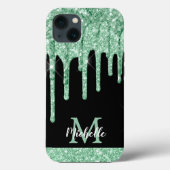 Modern Mint Green Glitter Drift Monogram Hoesje-Ma Case-Mate iPhone Case (Achterkant)