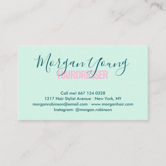 Modern mint green hair stylist script visitekaartje (Achterkant)