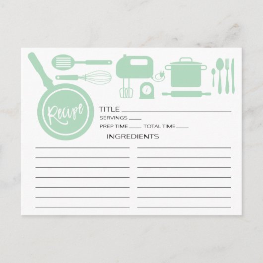 Modern Mint Green Kitchen Utils Recipe Card Briefkaart (Voorkant)