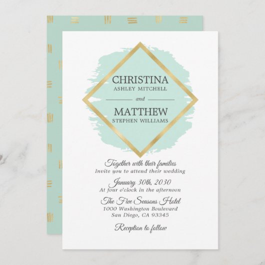 Modern Mint Green Sage Gold Foil Lijst bruiloft Kaart (Voorkant / Achterkant)