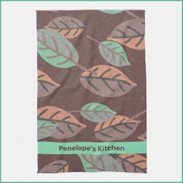 Modern Mint Green Sinaasappel en Paarse bladeren Theedoek