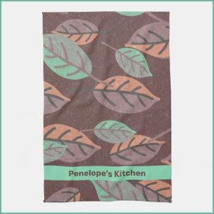 Modern Mint Green Sinaasappel en Paarse bladeren Theedoek