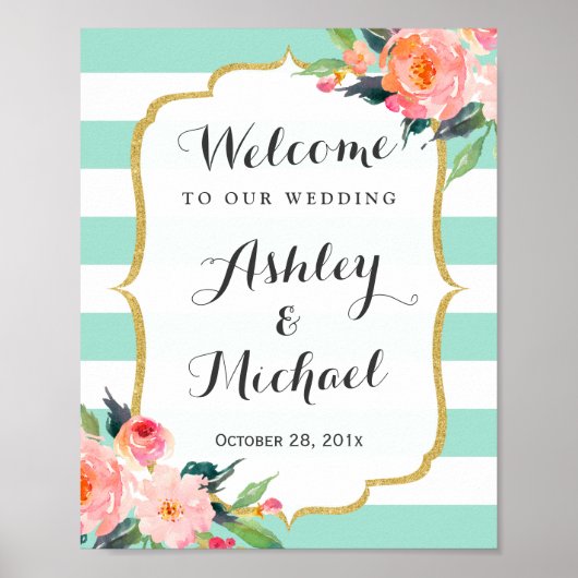 Modern Mint Green Stripes Floral Deco Wedding Sign Poster (Voorkant)