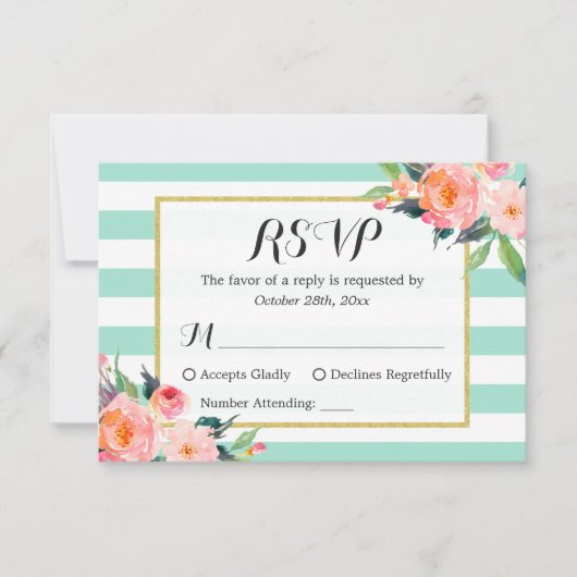 Modern Mint Green Stripes Floral RSVP Antwoord (Voorkant)