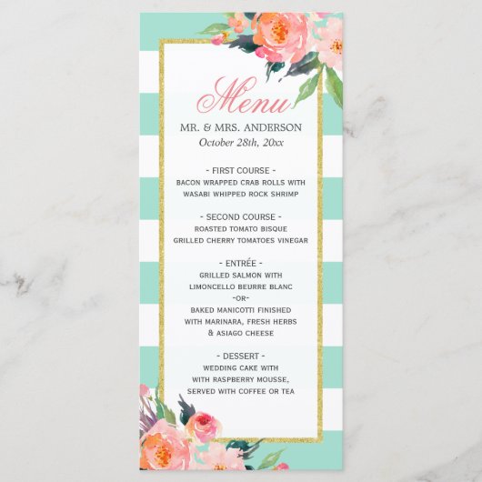 Modern Mint Green Stripes Floral Wedding Menu (Voorkant)