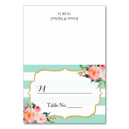 Modern Mint Green Stripes Floral Wedding Place Kaart (Voorkant)