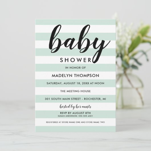 Modern Mint Green Stripes Neutraal Baby shower Kaart (Staand voorkant)
