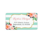Modern Mint Green Stripes Waterverf Roze Floral Etiket (Voorkant)