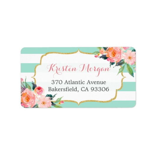 Modern Mint Green Stripes Waterverf Roze Floral Etiket (Voorkant)