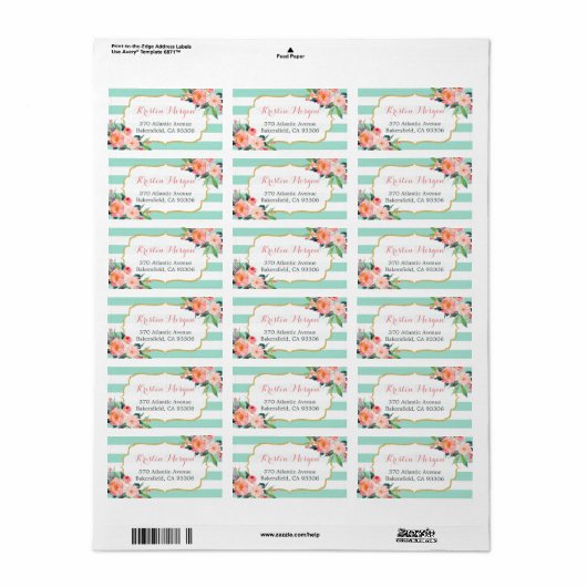 Modern Mint Green Stripes Waterverf Roze Floral Etiket (Full Sheet)