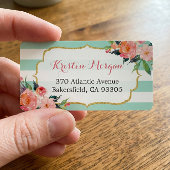 Modern Mint Green Stripes Waterverf Roze Floral Etiket