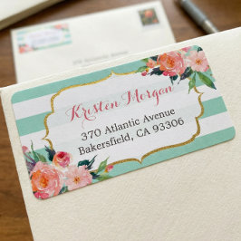 Modern Mint Green Stripes Waterverf Roze Floral Etiket